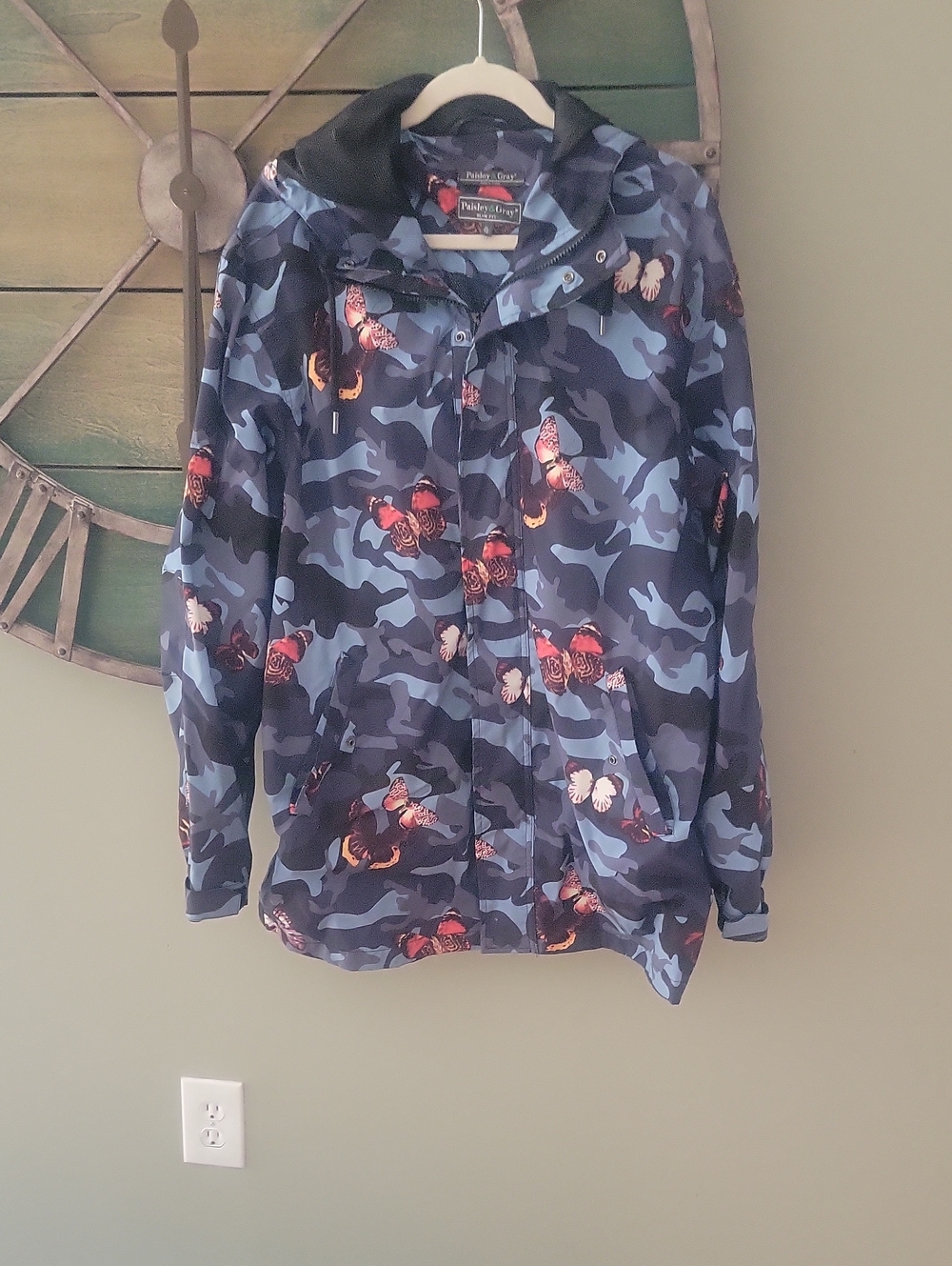 Paisley & Gray slim fit camo and butterfly print rain jacket